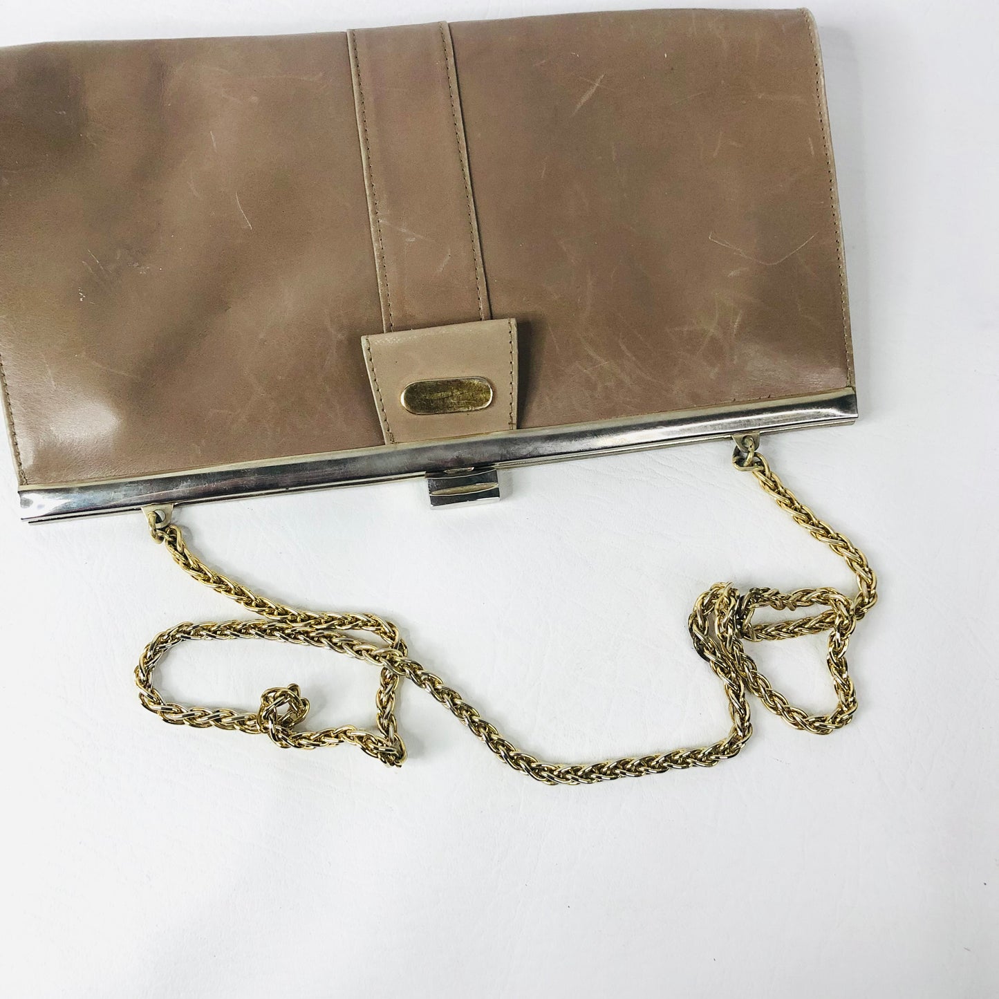 Vintage Taupe Leather Rectangle Clutch Bag Handbag Suede Lining