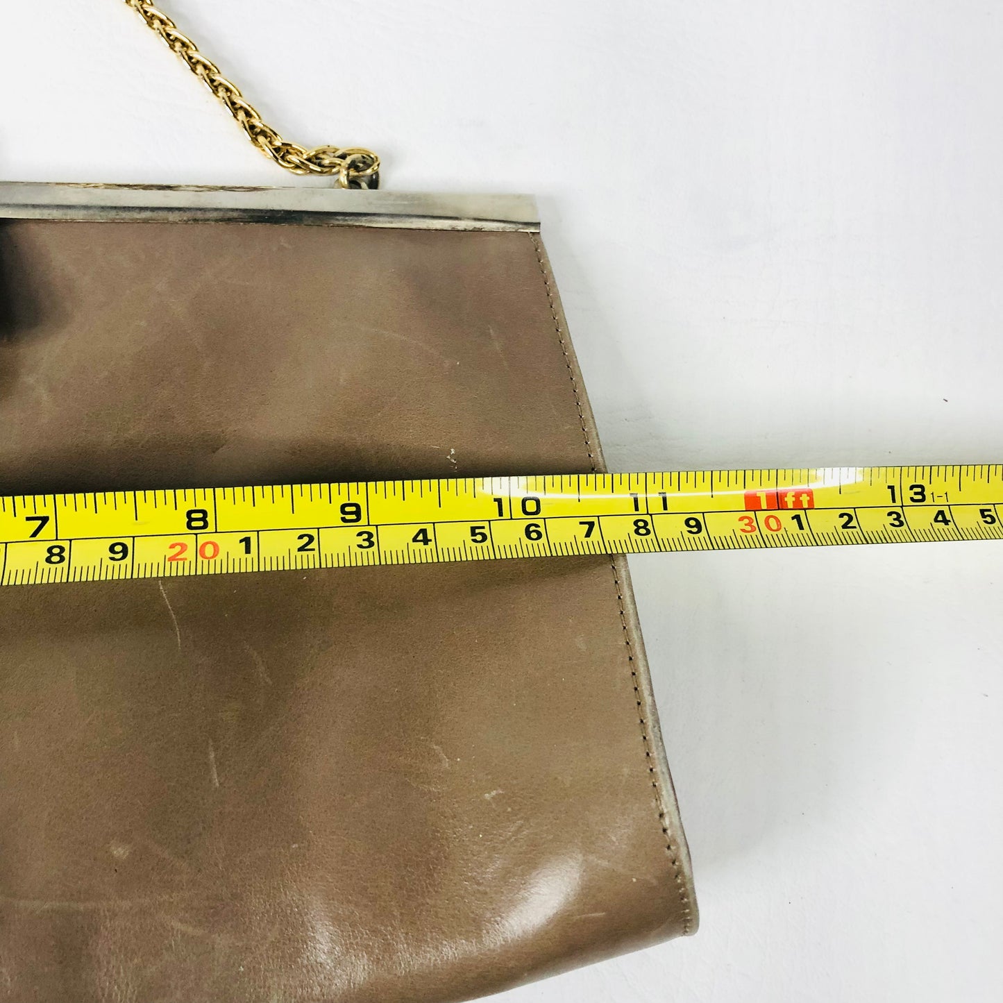 Vintage Taupe Leather Rectangle Clutch Bag Handbag Suede Lining