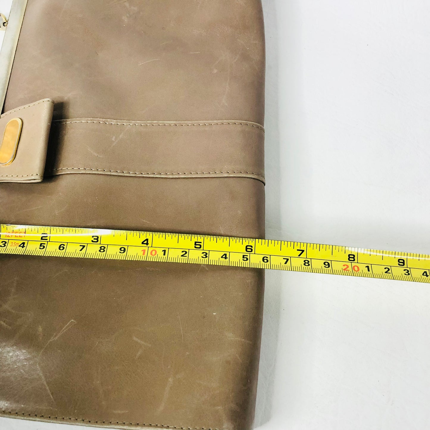 Vintage Taupe Leather Rectangle Clutch Bag Handbag Suede Lining