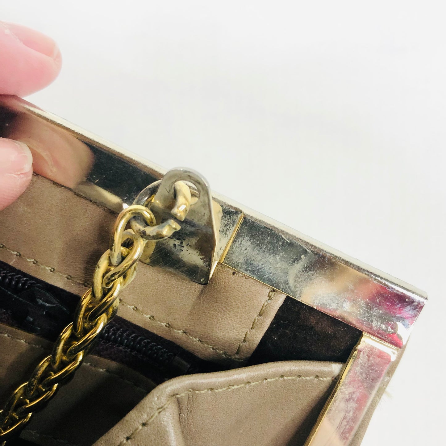 Vintage Taupe Leather Rectangle Clutch Bag Handbag Suede Lining