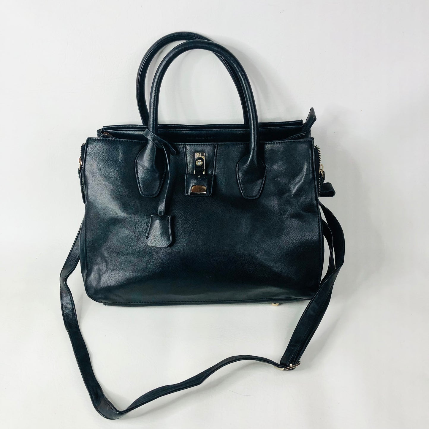 David Jones Black Faux Leather Satchel Handbag Tote Padlock Detail & Long Strap