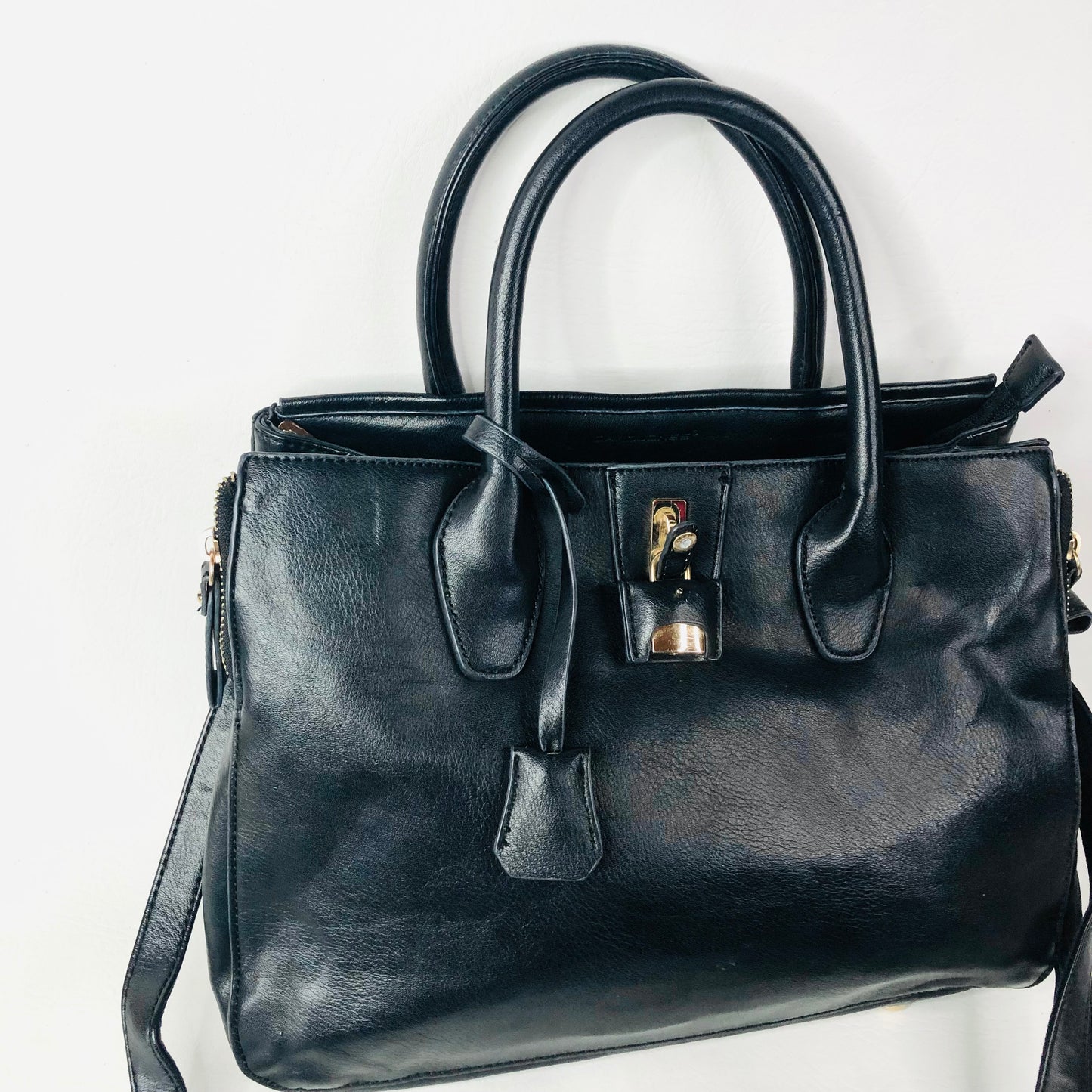 David Jones Black Faux Leather Satchel Handbag Tote Padlock Detail & Long Strap