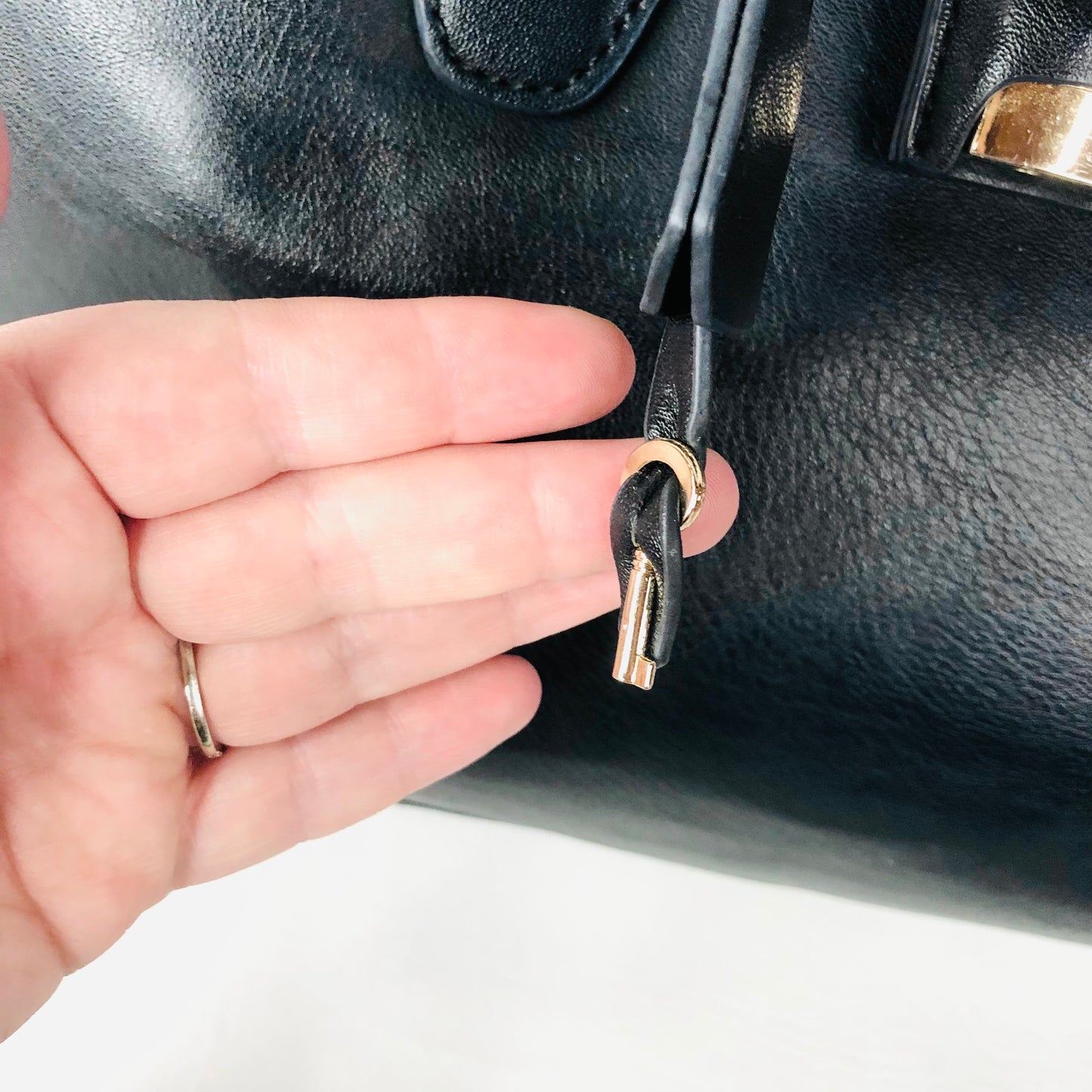 David Jones Black Faux Leather Satchel Handbag Tote Padlock Detail & Long Strap