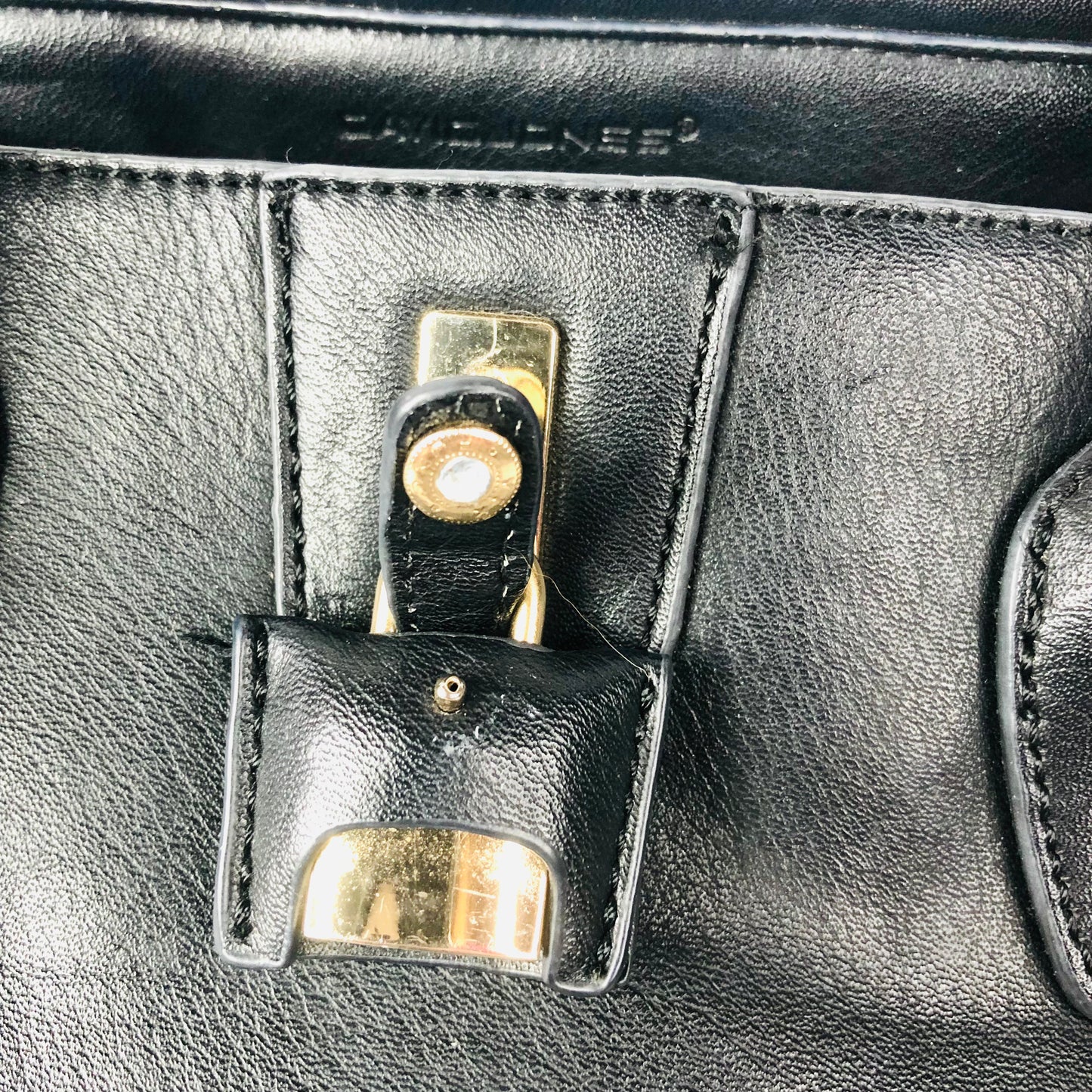 David Jones Black Faux Leather Satchel Handbag Tote Padlock Detail & Long Strap