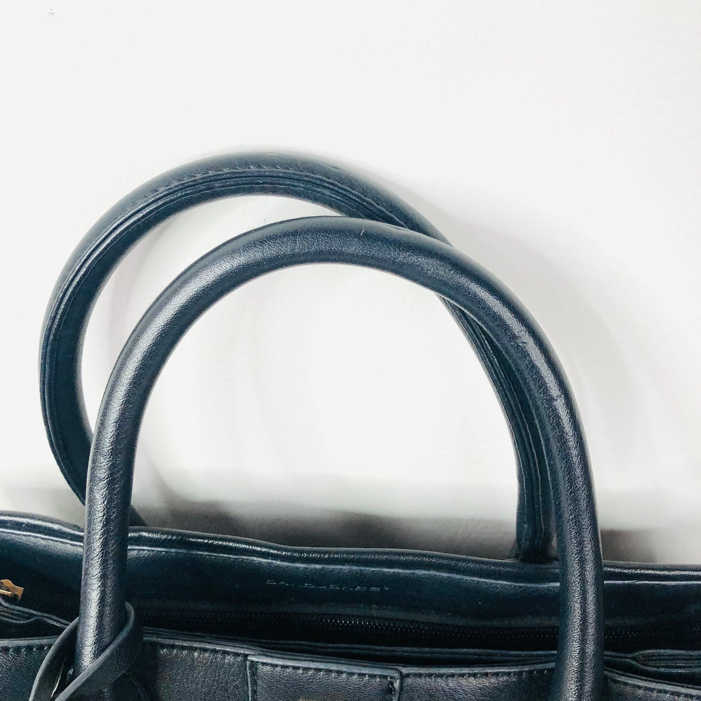 David Jones Black Faux Leather Satchel Handbag Tote Padlock Detail & Long Strap