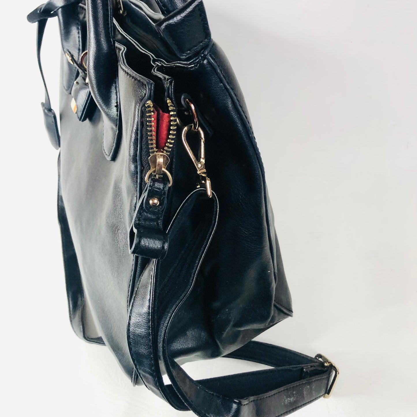 David Jones Black Faux Leather Satchel Handbag Tote Padlock Detail & Long Strap