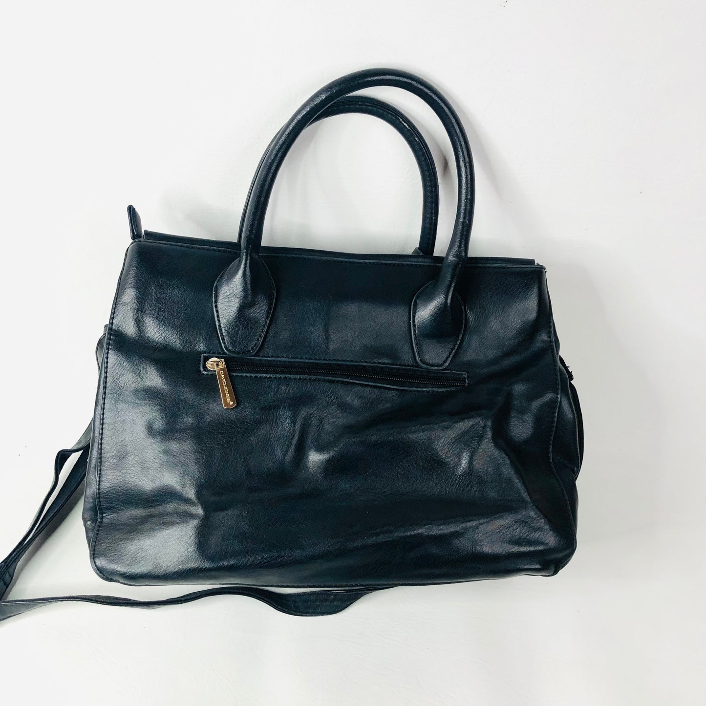 David Jones Black Faux Leather Satchel Handbag Tote Padlock Detail & Long Strap