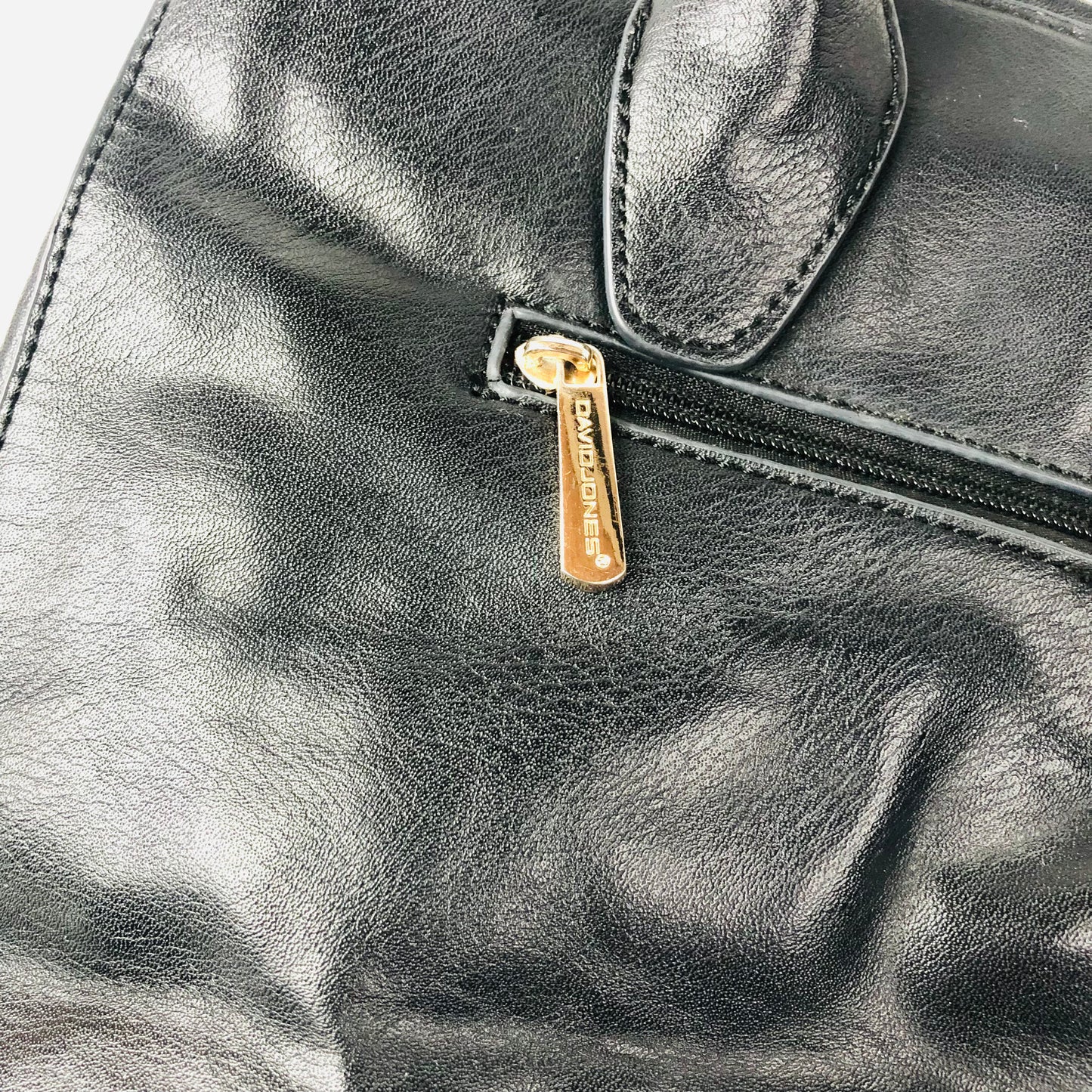 David Jones Black Faux Leather Satchel Handbag Tote Padlock Detail & Long Strap