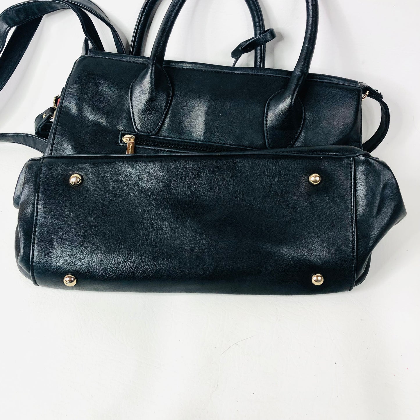 David Jones Black Faux Leather Satchel Handbag Tote Padlock Detail & Long Strap