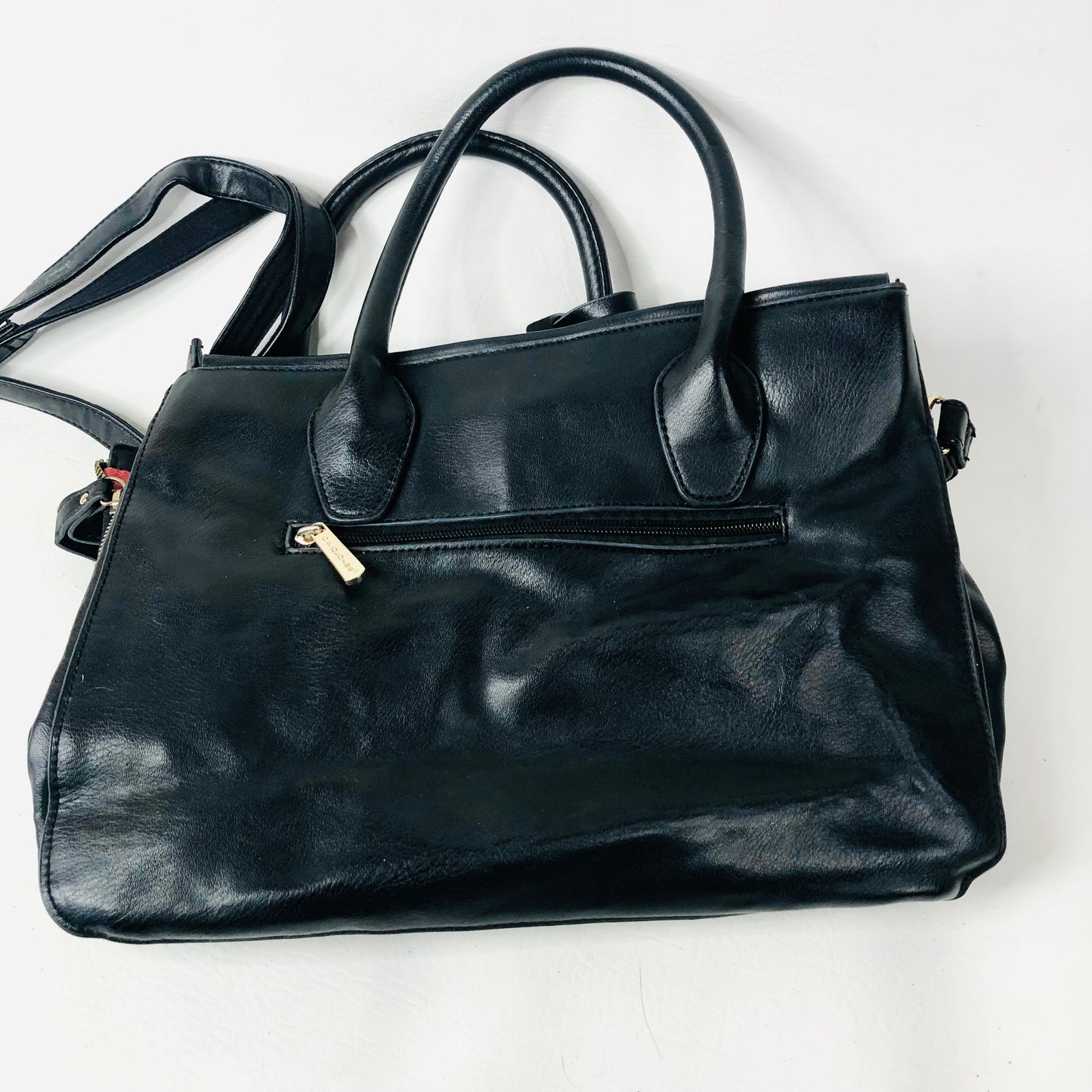 David Jones Black Faux Leather Satchel Handbag Tote Padlock Detail & Long Strap
