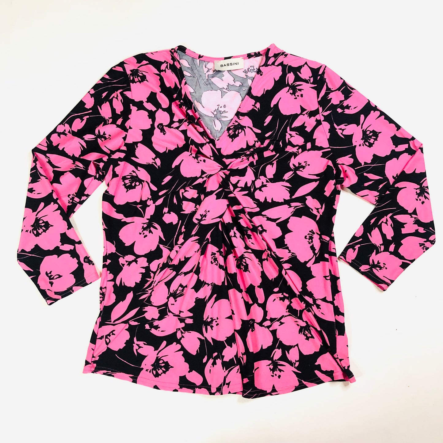 Bassini Black & Pink Floral 3/4 Sleeve Knot Front Blouse Top Size UK 14