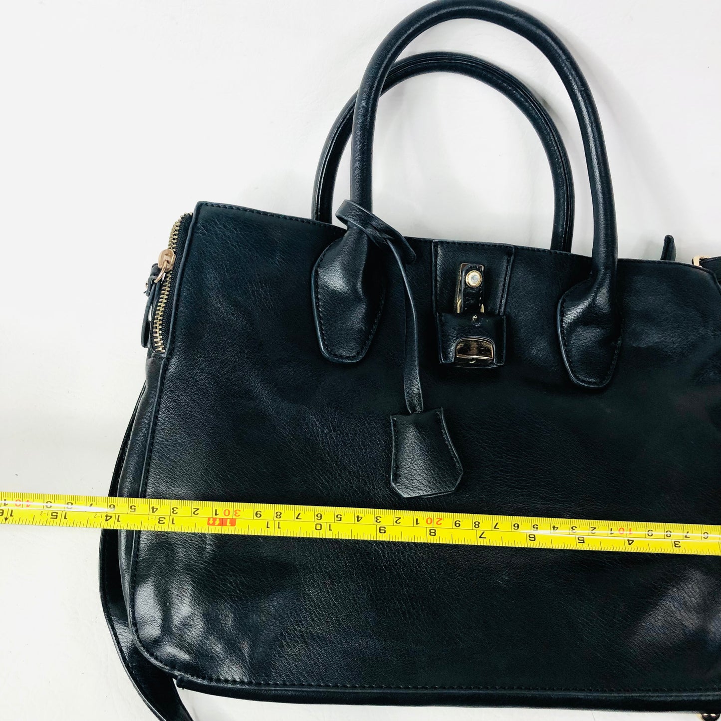 David Jones Black Faux Leather Satchel Handbag Tote Padlock Detail & Long Strap
