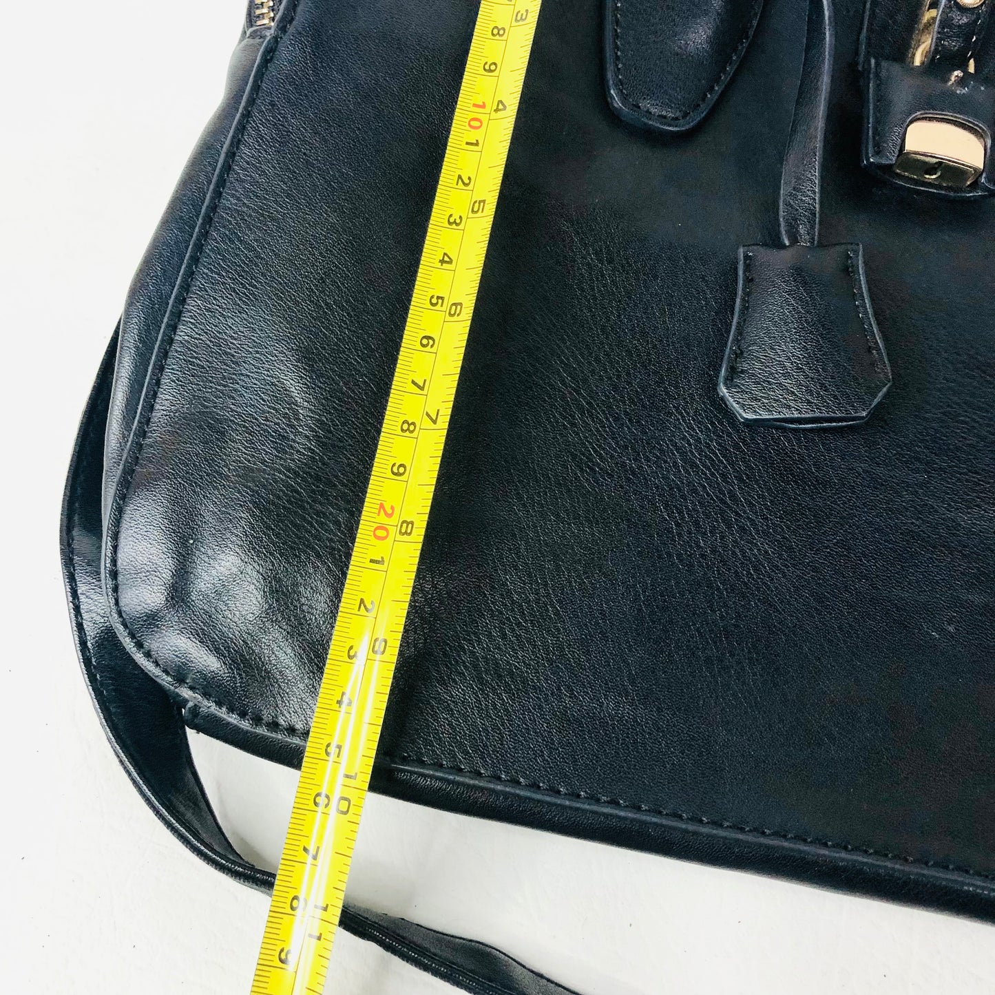 David Jones Black Faux Leather Satchel Handbag Tote Padlock Detail & Long Strap