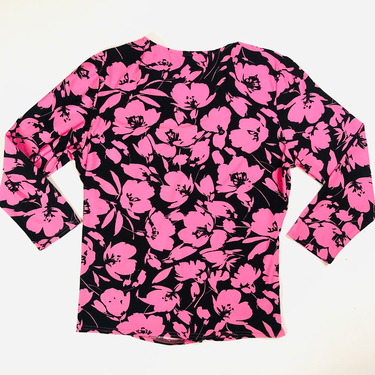 Bassini Black & Pink Floral 3/4 Sleeve Knot Front Blouse Top Size UK 14