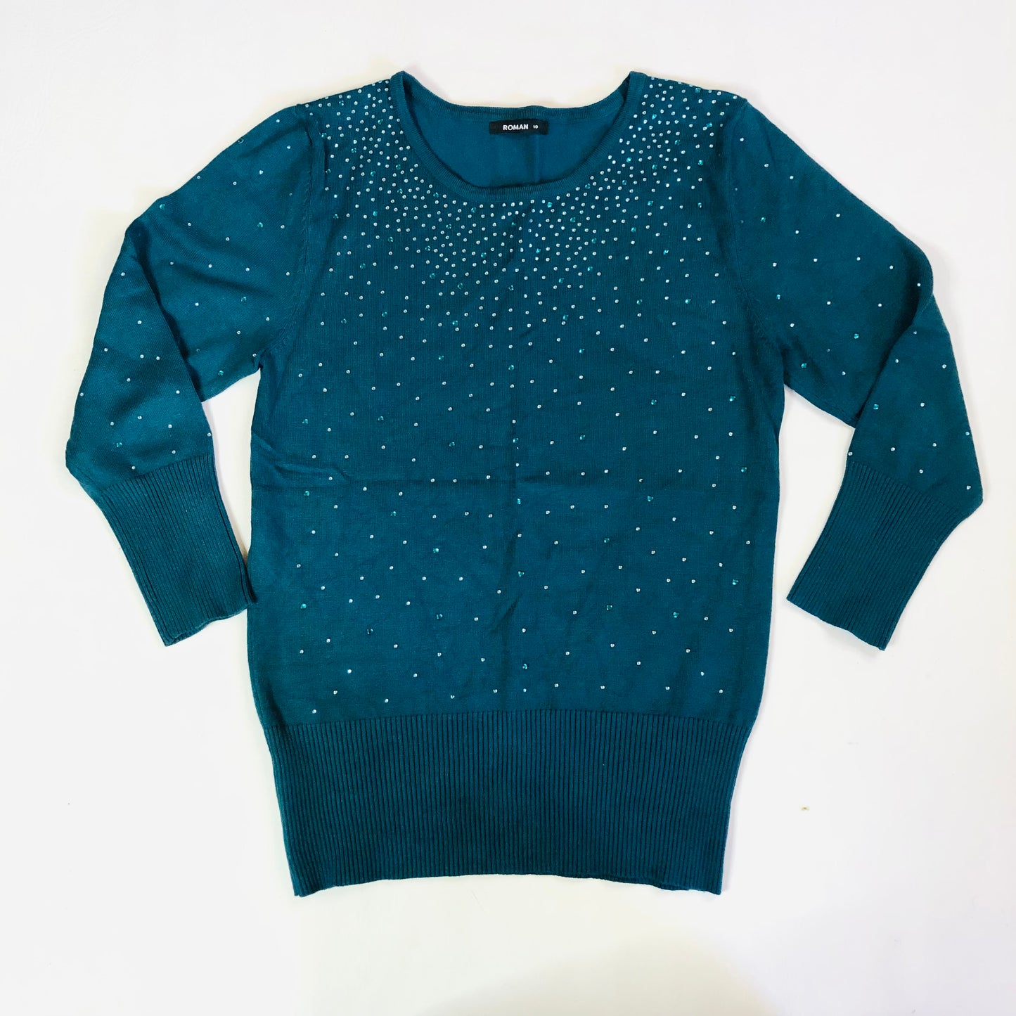 Roman Emerald Green Ladies Diamante Studded Jumper - Size 10 - Sparkle Knit