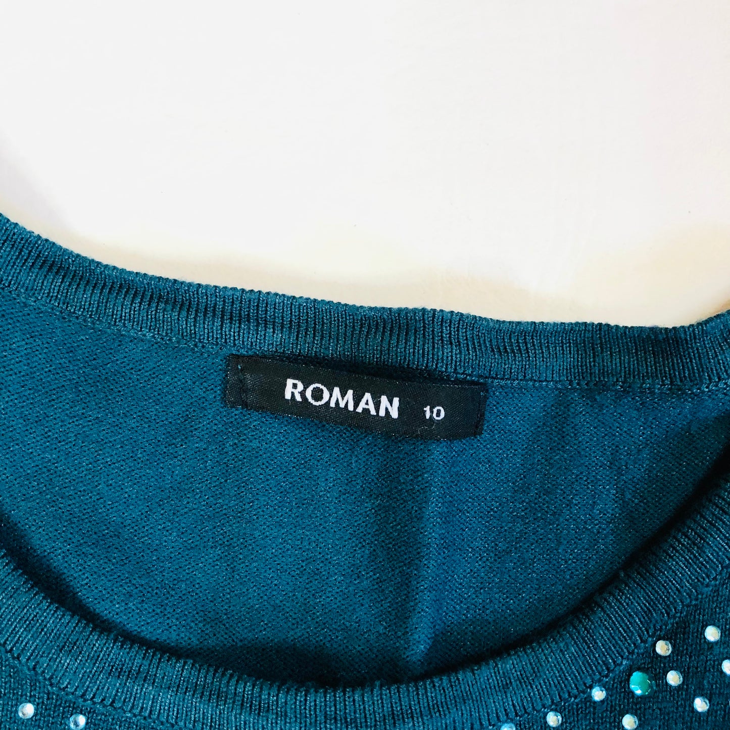 Roman Emerald Green Ladies Diamante Studded Jumper - Size 10 - Sparkle Knit