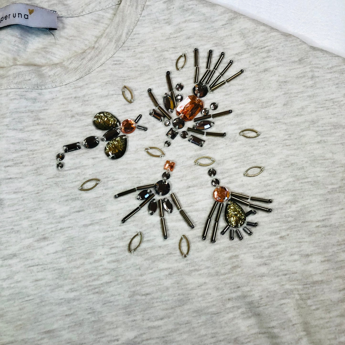 M&S Per Una Grey Oatmeal Embellished T-Shirt Top Beaded Gem Detail Size 8 Cotton