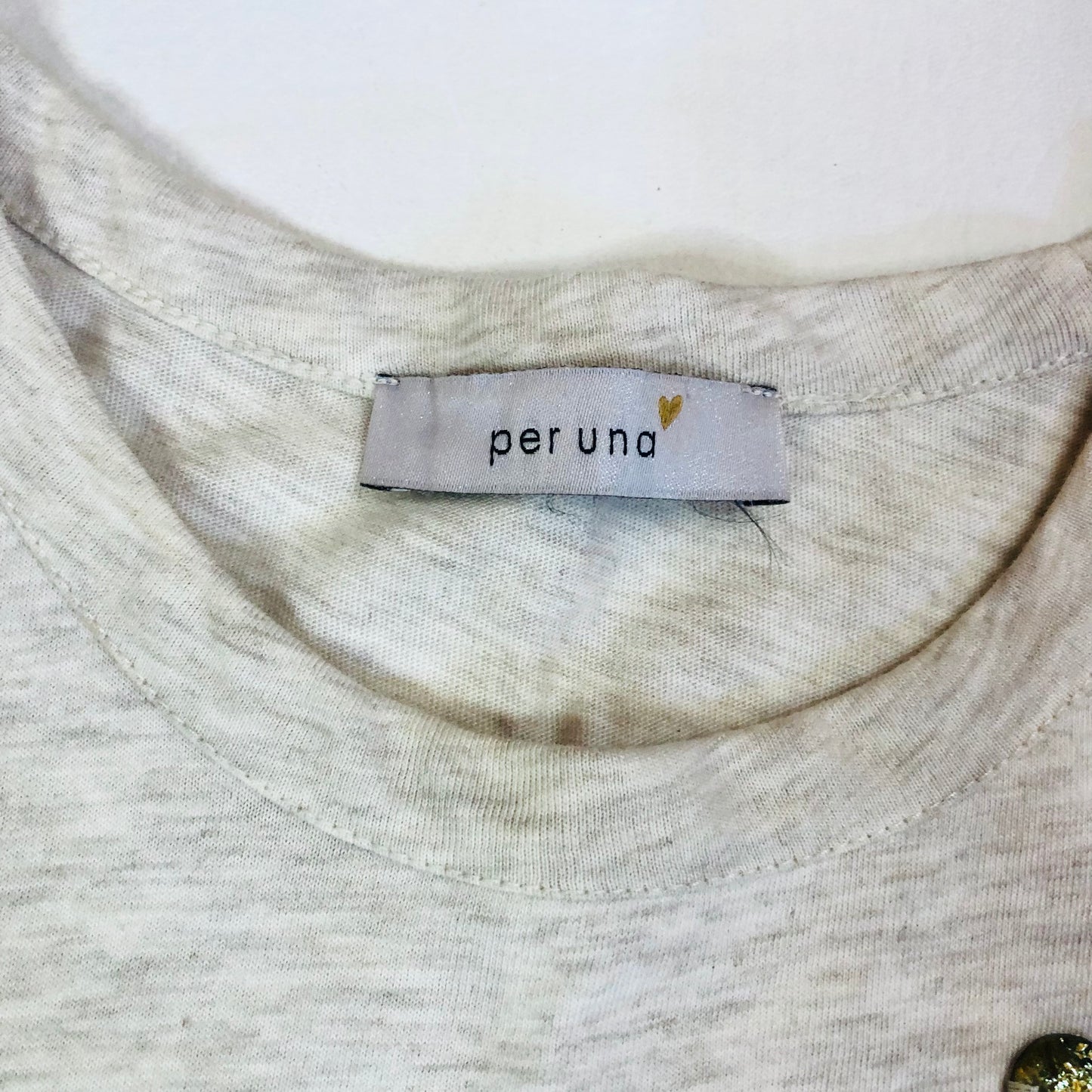 M&S Per Una Grey Oatmeal Embellished T-Shirt Top Beaded Gem Detail Size 8 Cotton