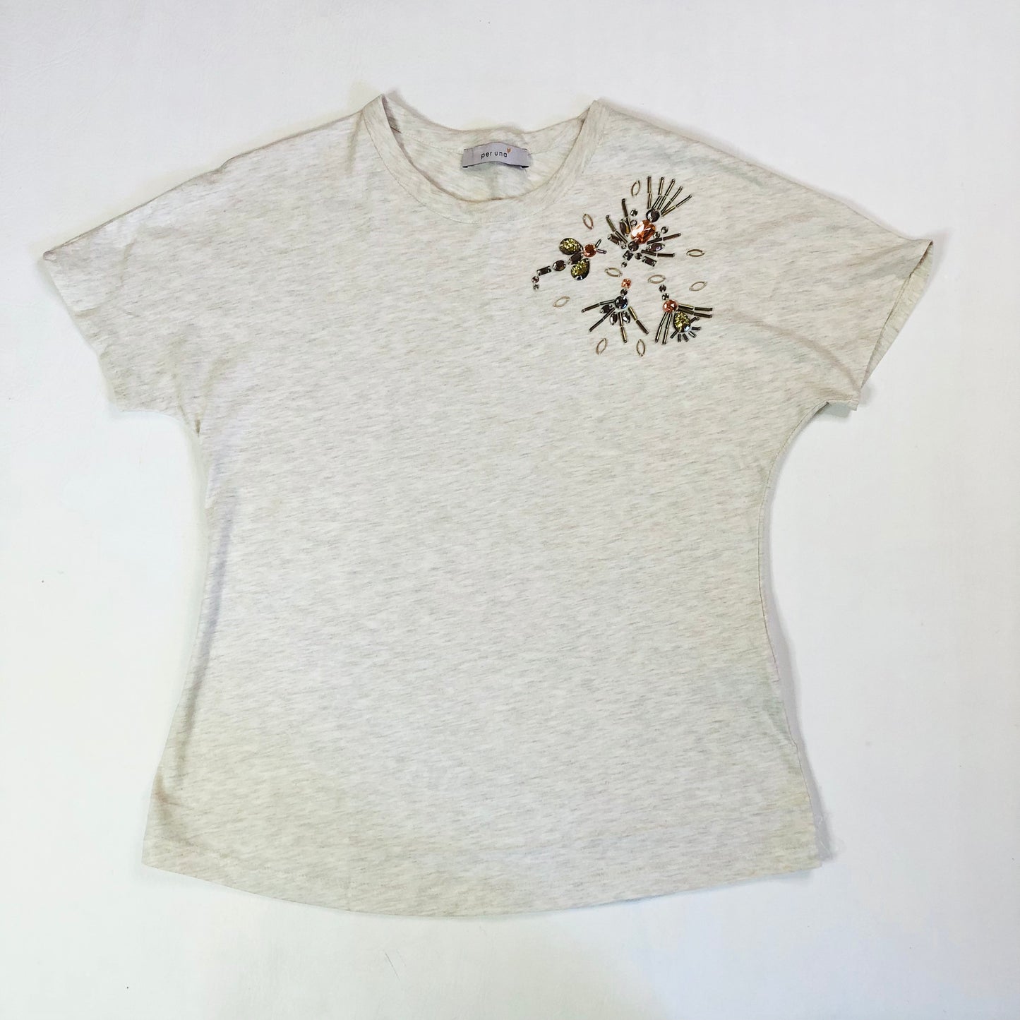 M&S Per Una Grey Oatmeal Embellished T-Shirt Top Beaded Gem Detail Size 8 Cotton