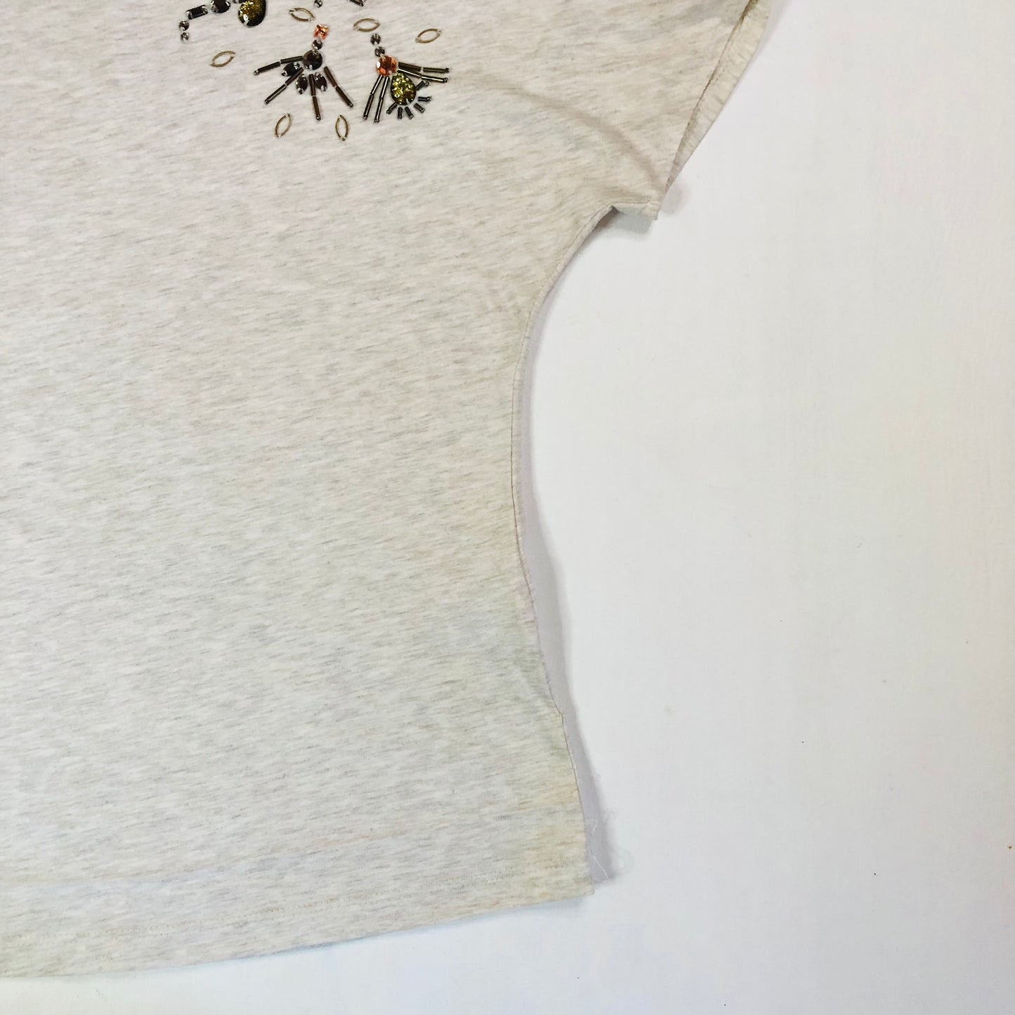 M&S Per Una Grey Oatmeal Embellished T-Shirt Top Beaded Gem Detail Size 8 Cotton