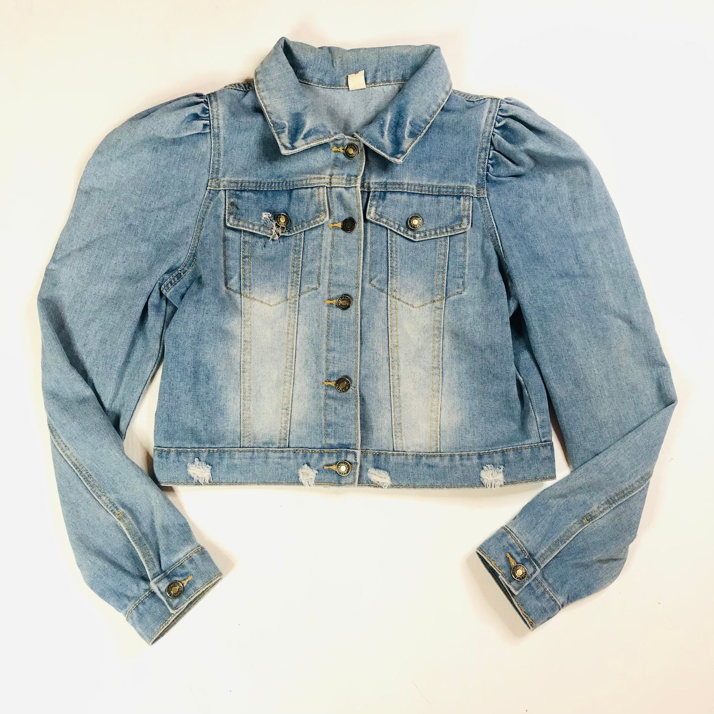 Ladies Light Blue Princess Puff Sleeve Distressed Crop Denim Jacket – Size Medium