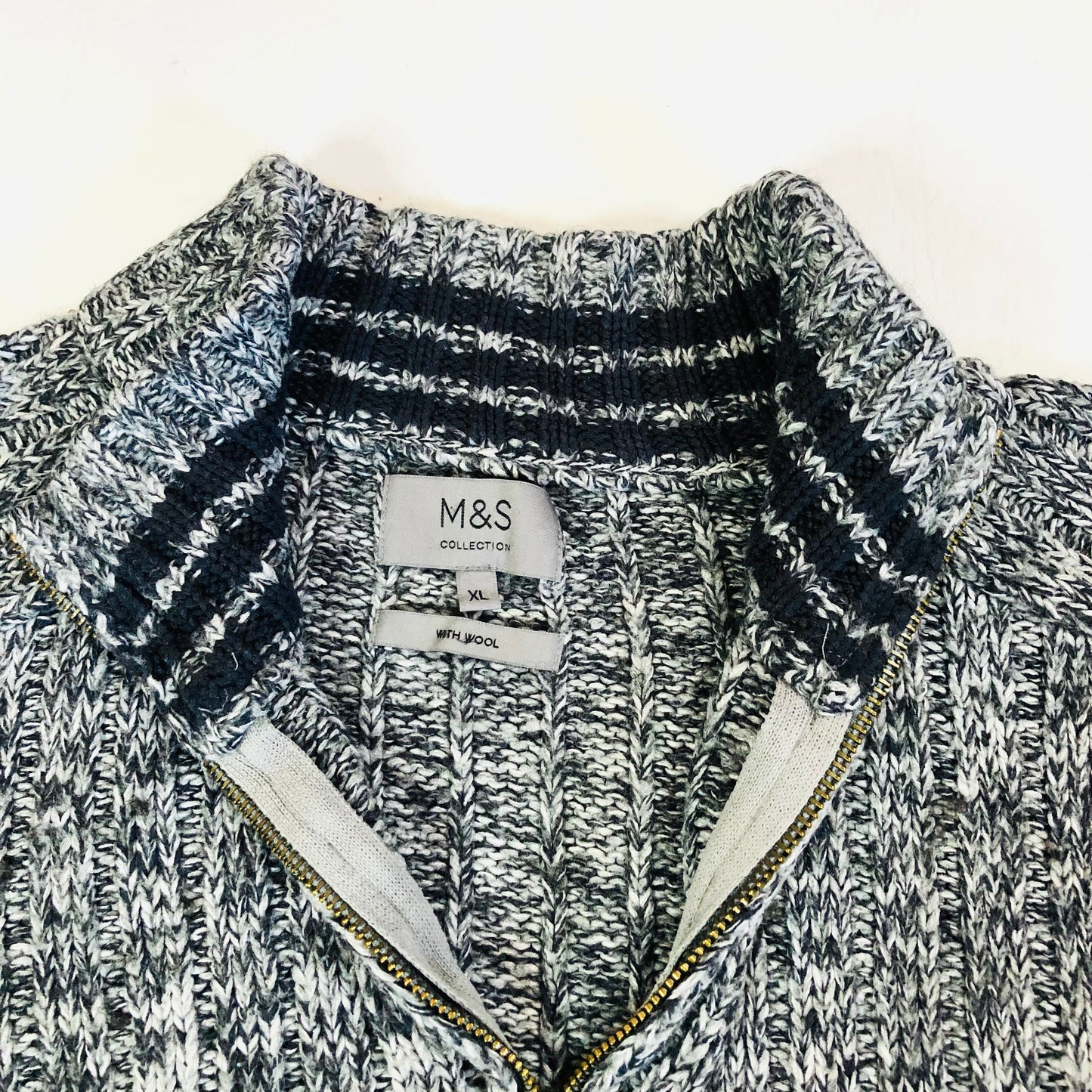 M&S Collection Grey Chunky Knit 1/4 Zip Mens Jumper Wool Blend Size XL