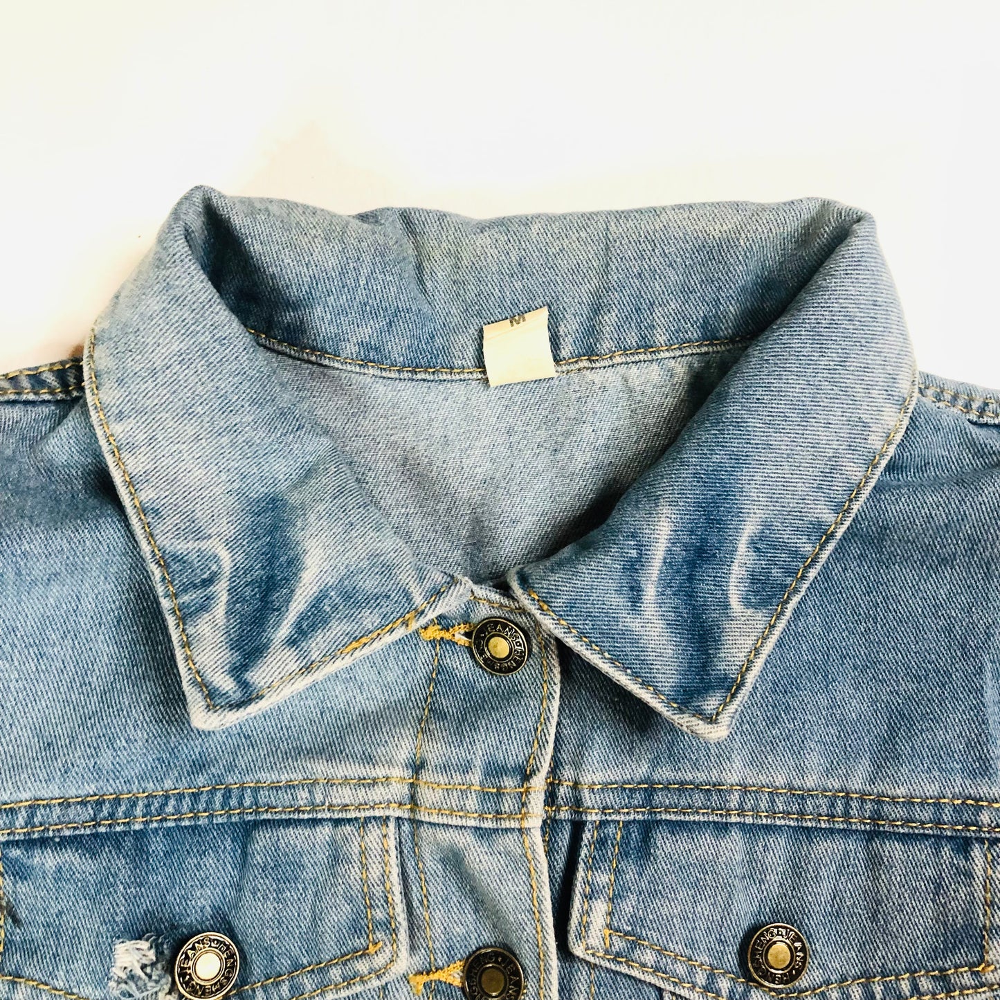 Ladies Light Blue Princess Puff Sleeve Distressed Crop Denim Jacket – Size Medium