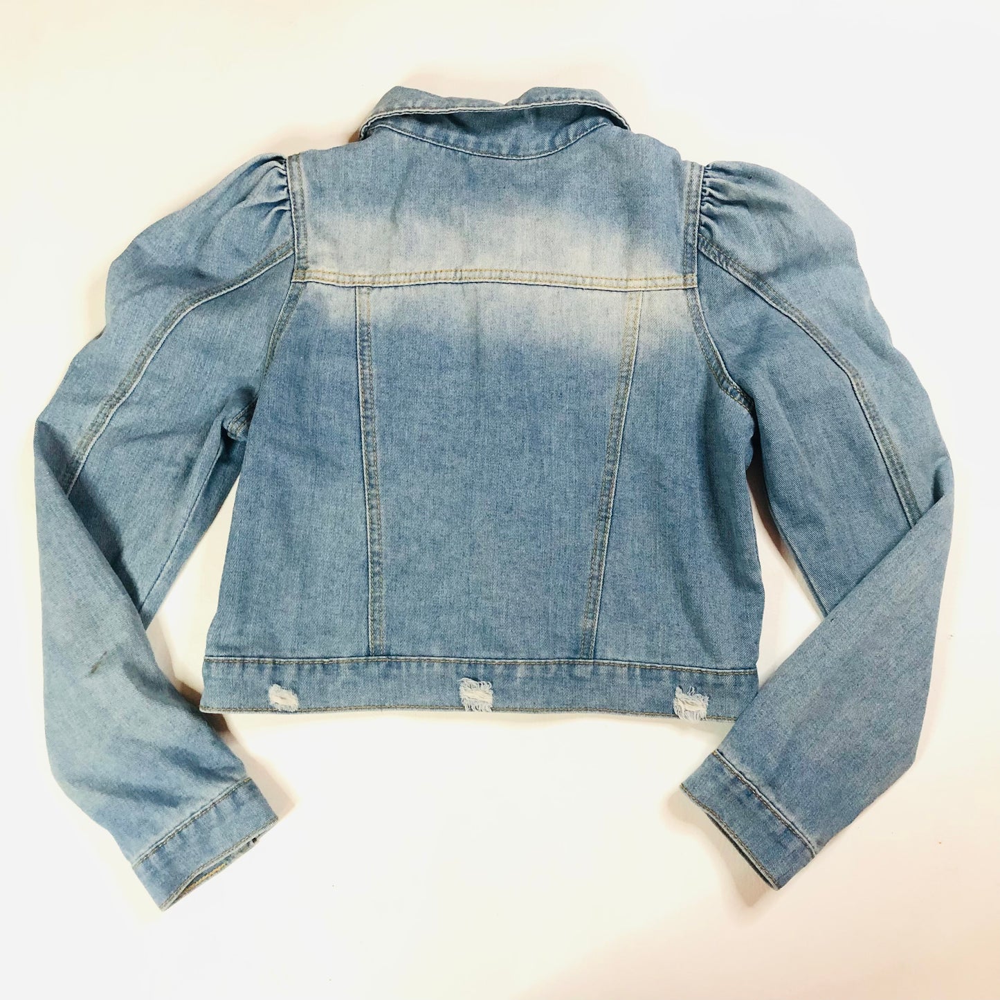 Ladies Light Blue Princess Puff Sleeve Distressed Crop Denim Jacket – Size Medium