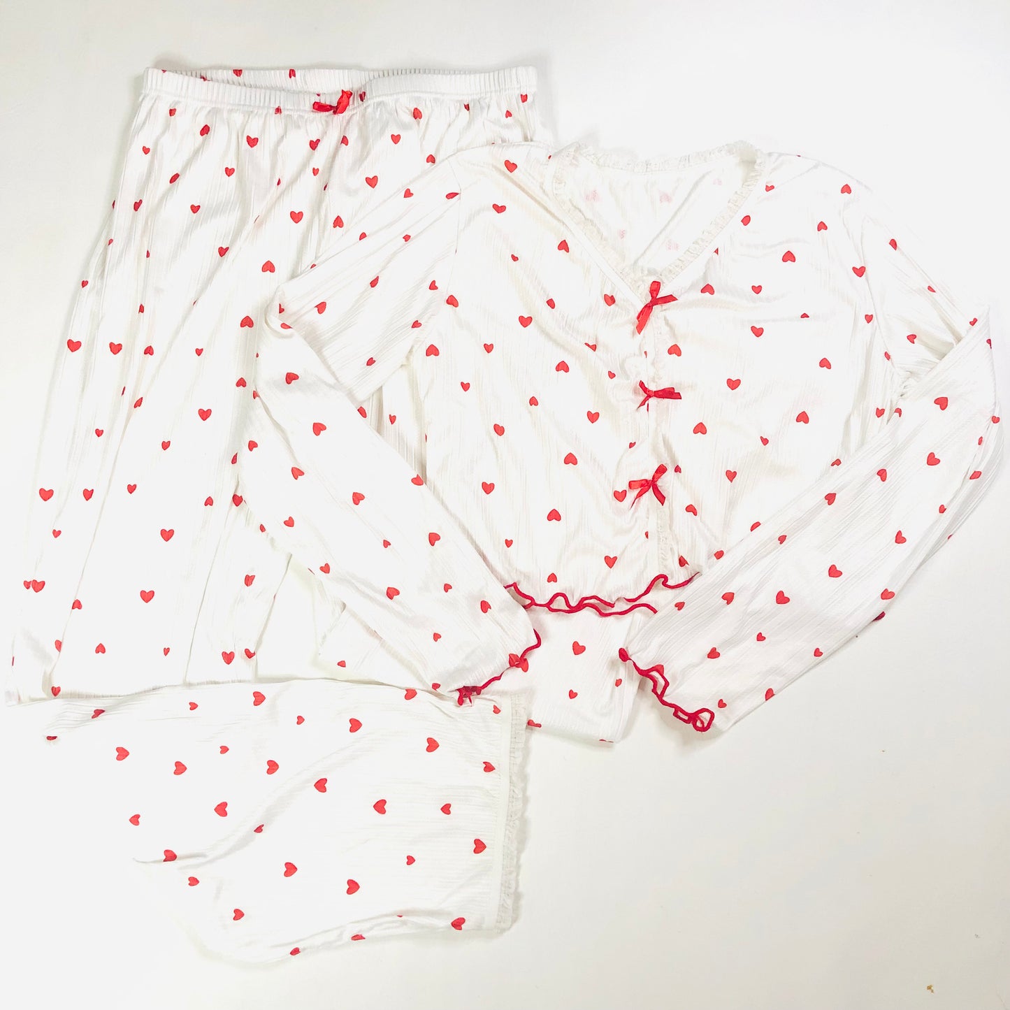 Ladies White & Red Love Heart Lightweight Two Piece Pyjama Set Size XL (UK 14)