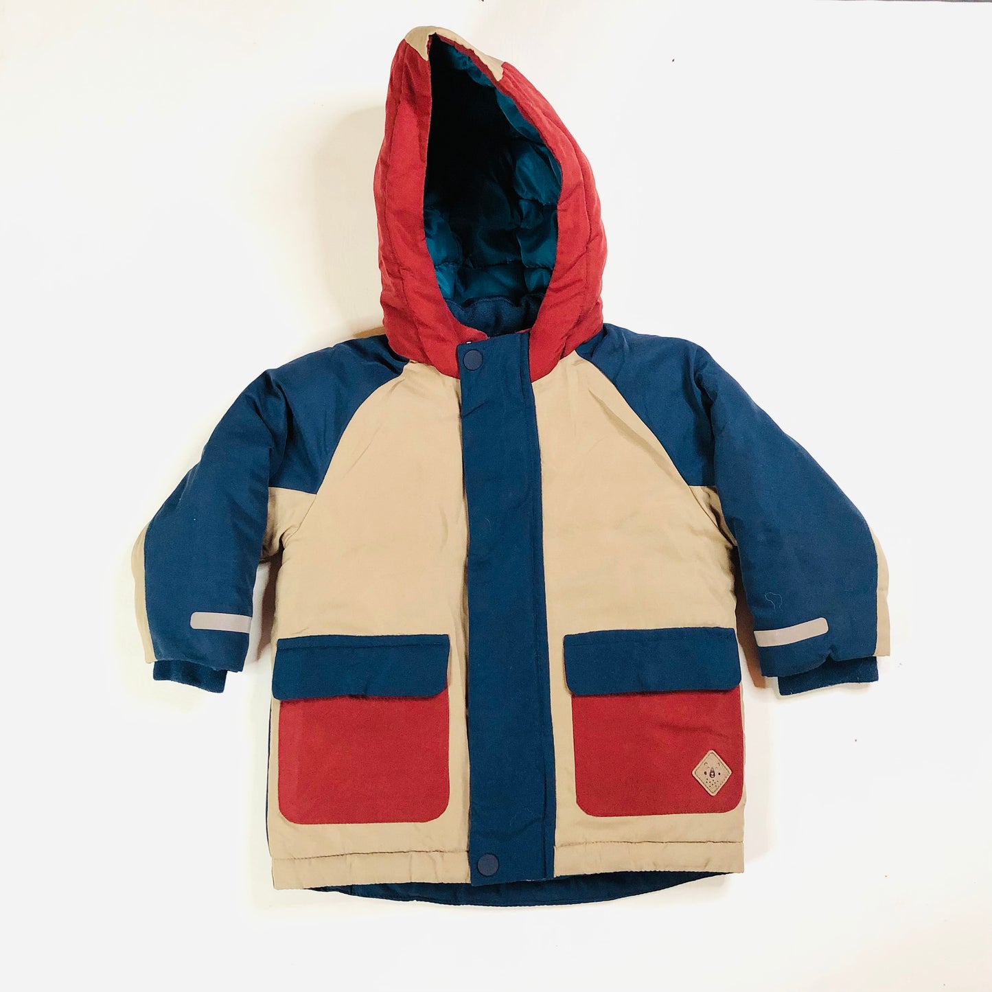 Next Boys Blue Red Beige Colourblock Shower Resistant Padded Parka Coat Age 1.5-2 Years