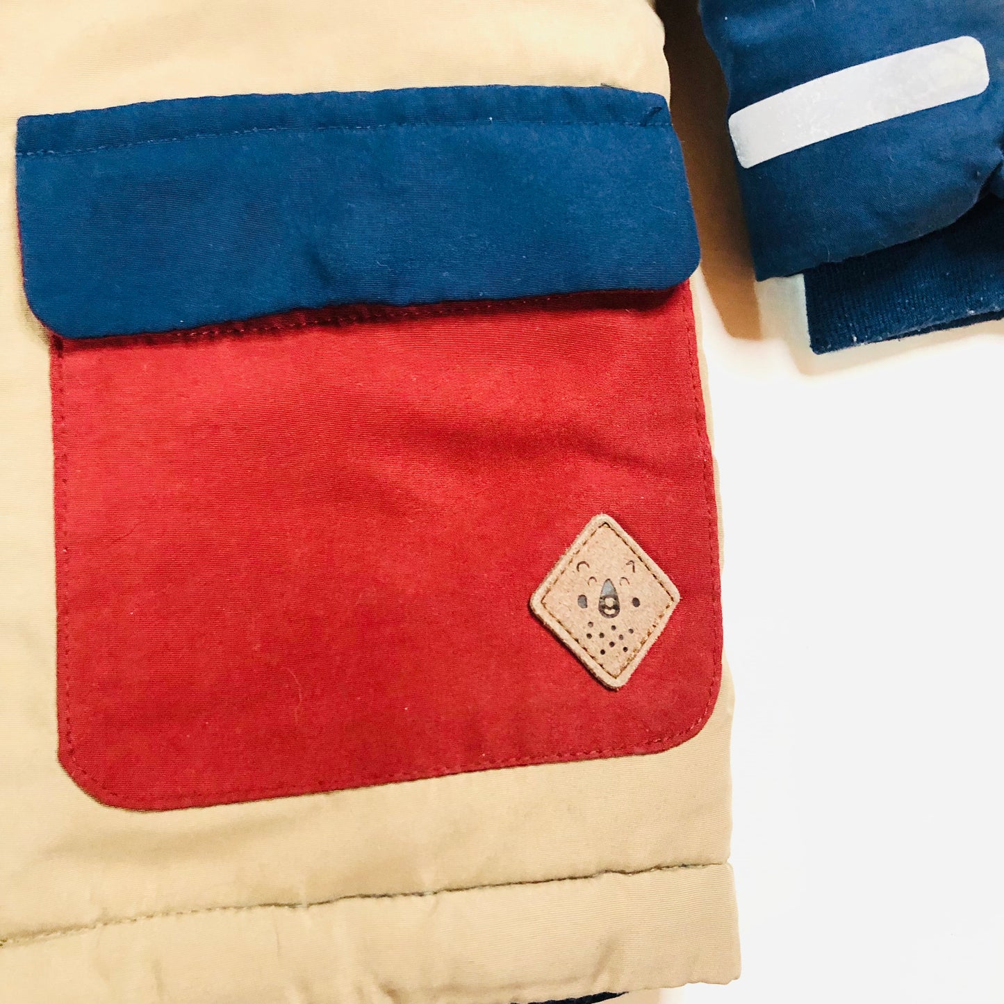Next Boys Blue Red Beige Colourblock Shower Resistant Padded Parka Coat Age 1.5-2 Years