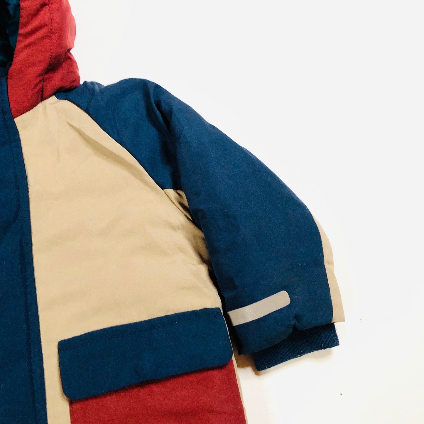 Next Boys Blue Red Beige Colourblock Shower Resistant Padded Parka Coat Age 1.5-2 Years