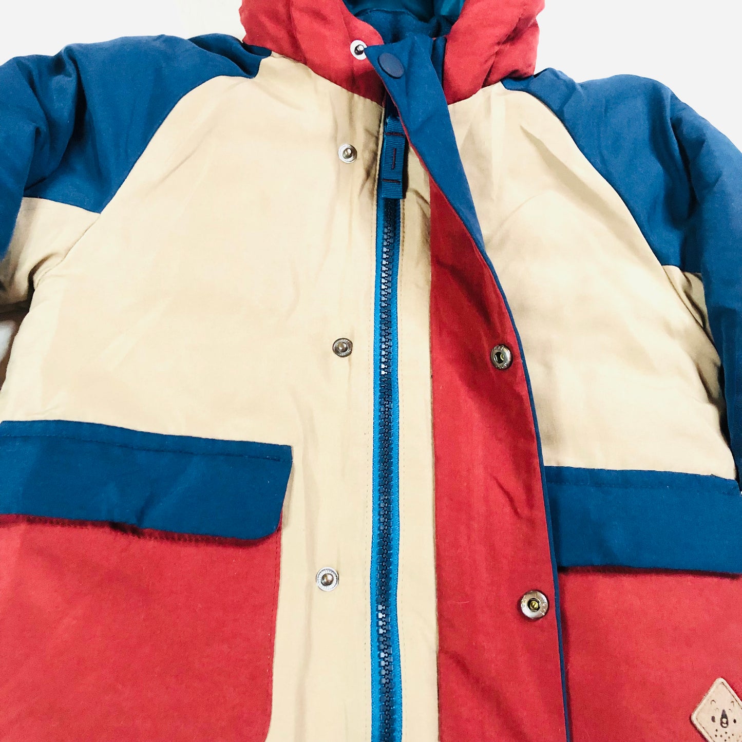 Next Boys Blue Red Beige Colourblock Shower Resistant Padded Parka Coat Age 1.5-2 Years
