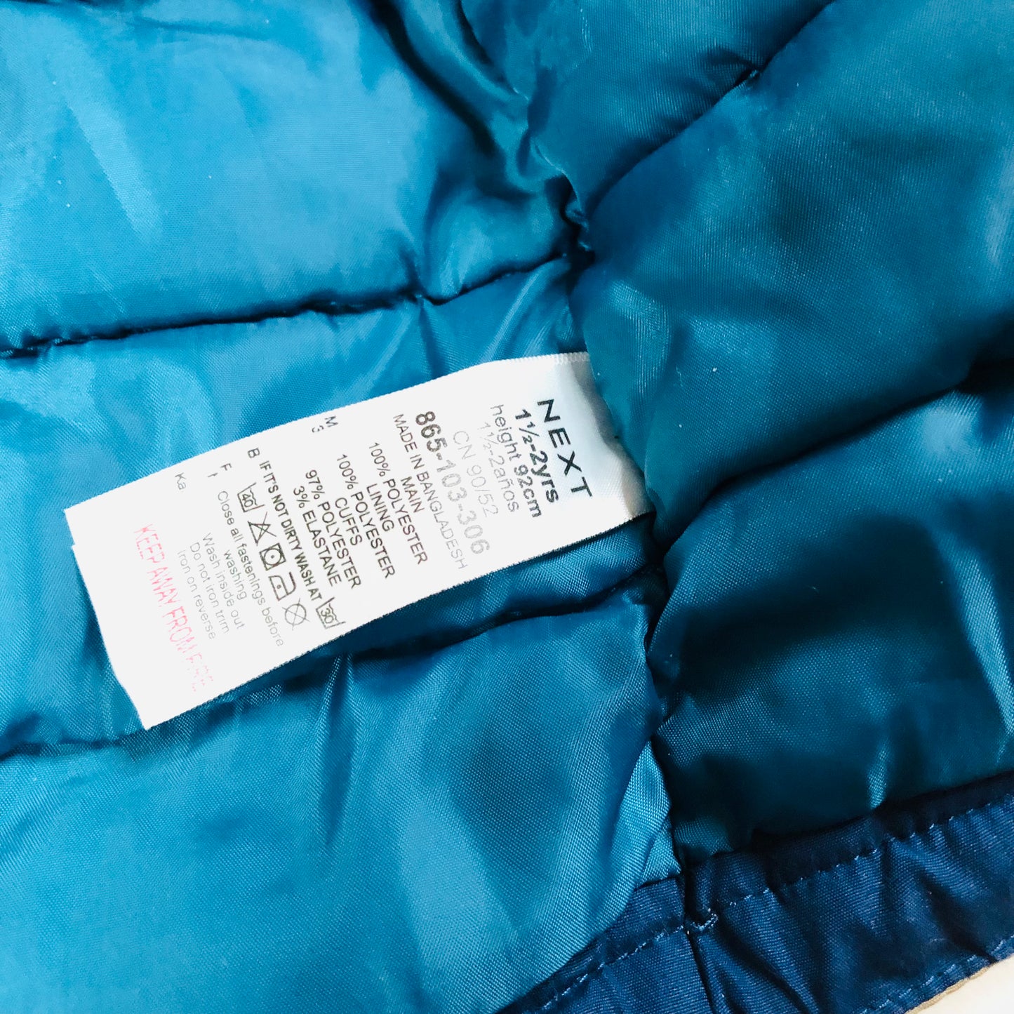 Next Boys Blue Red Beige Colourblock Shower Resistant Padded Parka Coat Age 1.5-2 Years