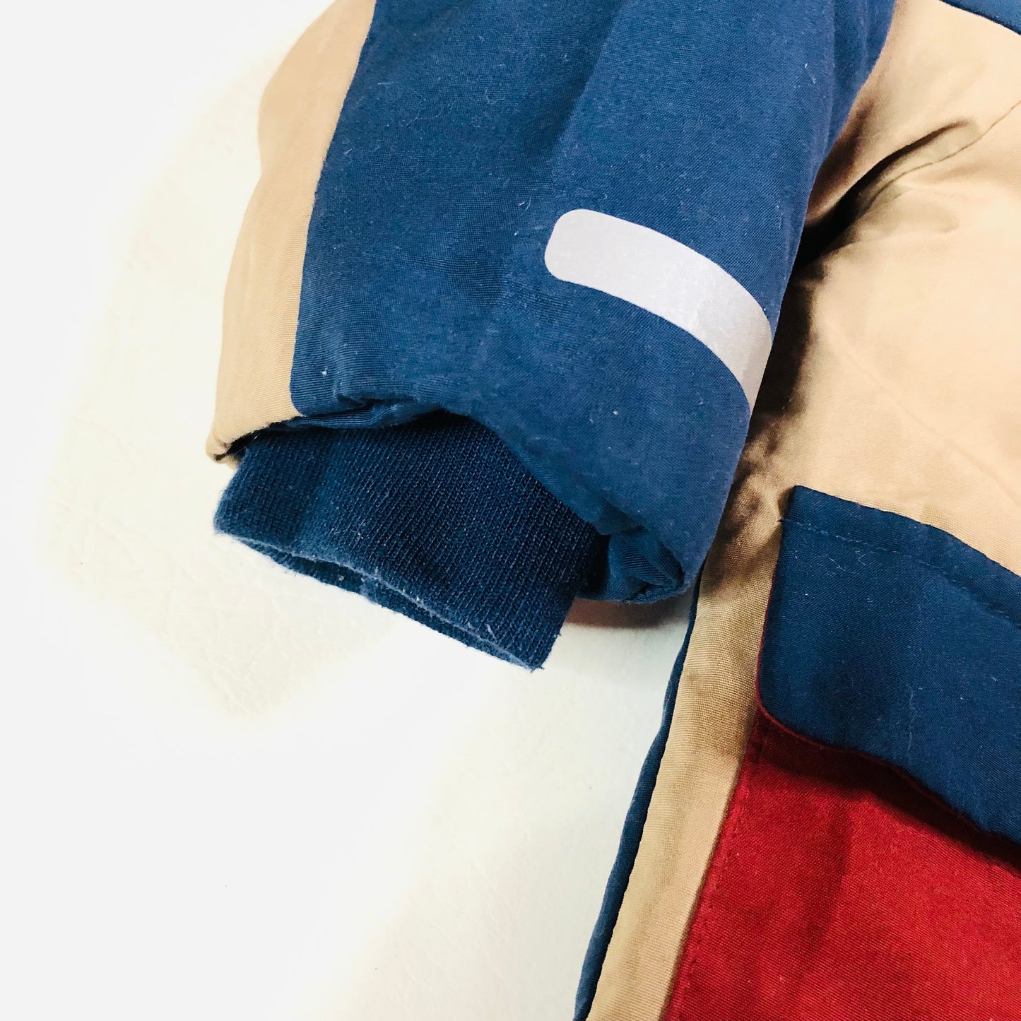 Next Boys Blue Red Beige Colourblock Shower Resistant Padded Parka Coat Age 1.5-2 Years