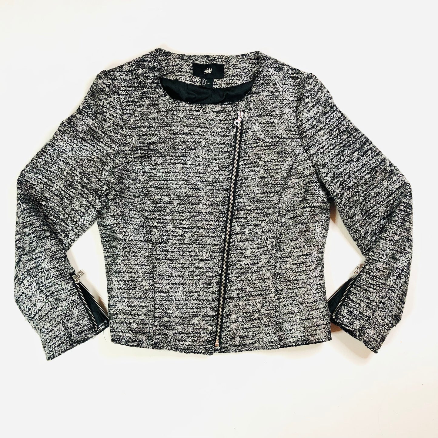 H&M Black White Boucle Knit Lined Offset Full Zip Cuff Zip Jacket Size 38 (UK 10)