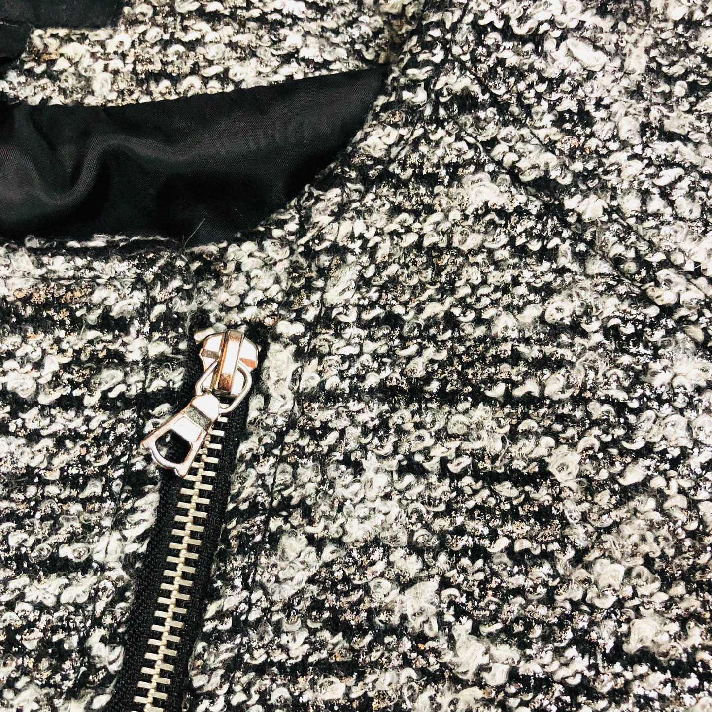 H&M Black White Boucle Knit Lined Offset Full Zip Cuff Zip Jacket Size 38 (UK 10)