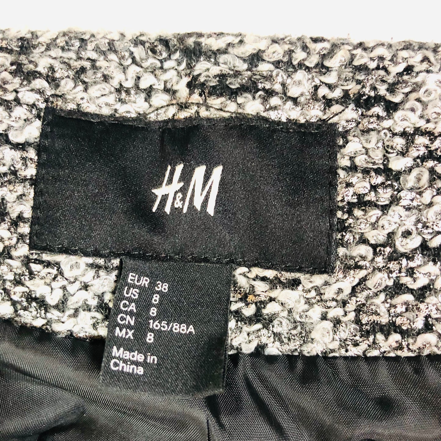 H&M Black White Boucle Knit Lined Offset Full Zip Cuff Zip Jacket Size 38 (UK 10)