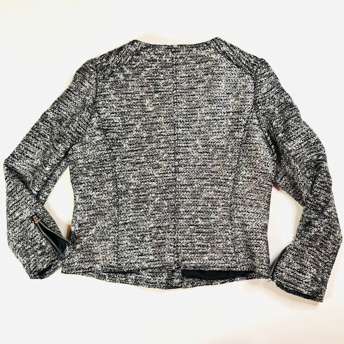 H&M Black White Boucle Knit Lined Offset Full Zip Cuff Zip Jacket Size 38 (UK 10)