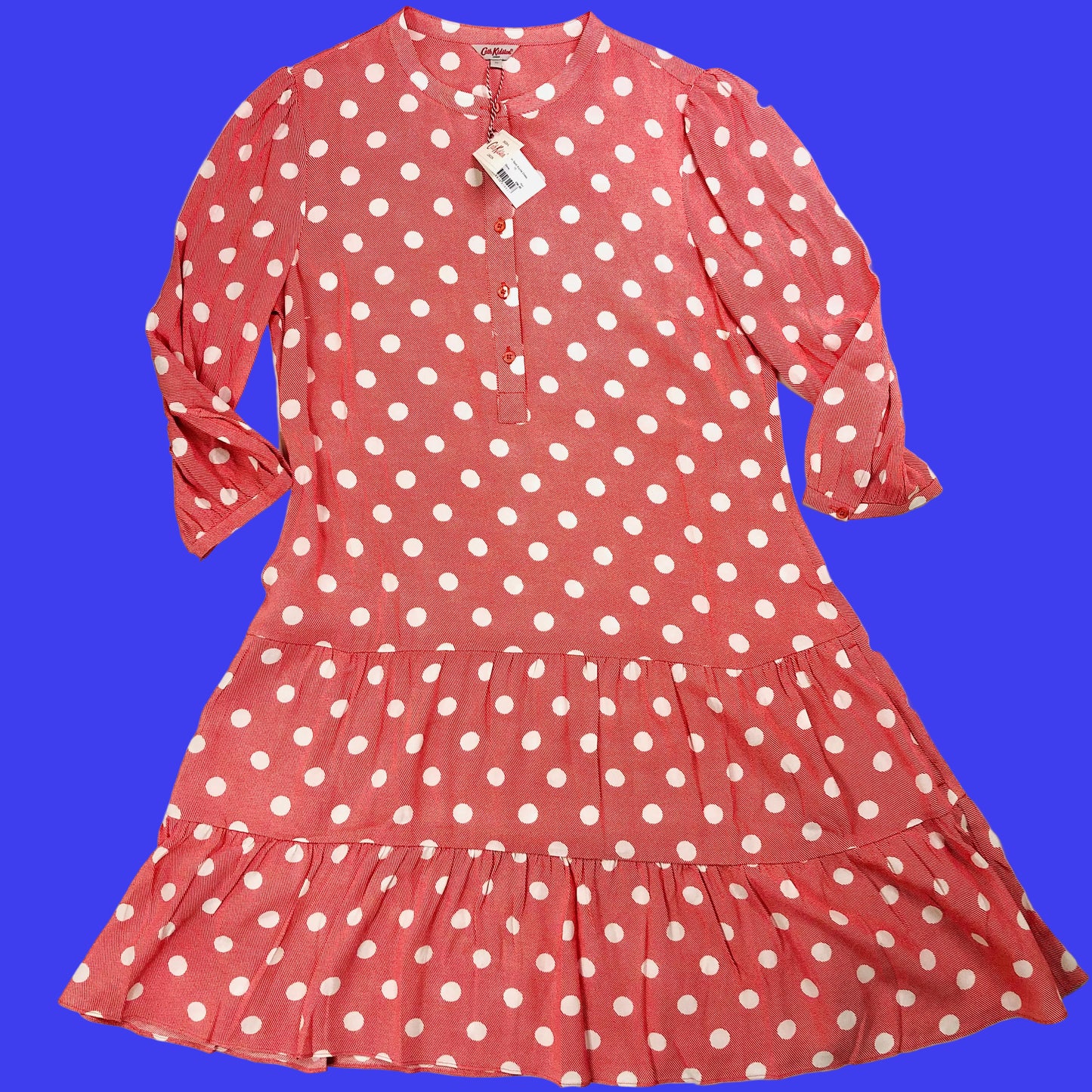 Cath Kidston London Red/pink Dropped Hem Button Spot A-Line Dress Size UK 10 NEW