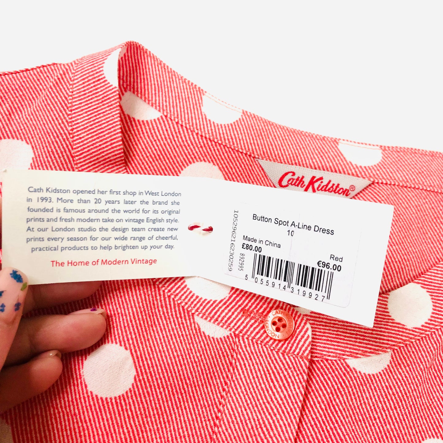 Cath Kidston London Red/pink Dropped Hem Button Spot A-Line Dress Size UK 10 NEW