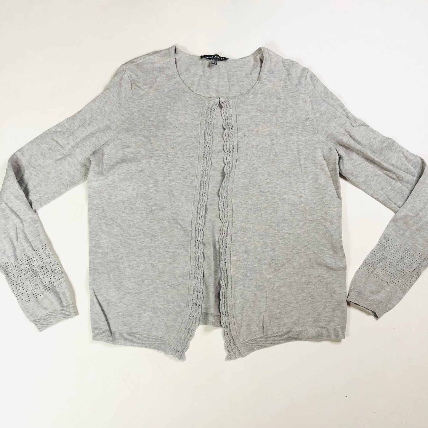 Laura Ashley Light Grey 100% Cotton Lightweight Open Cardigan Lace Trim Size 14