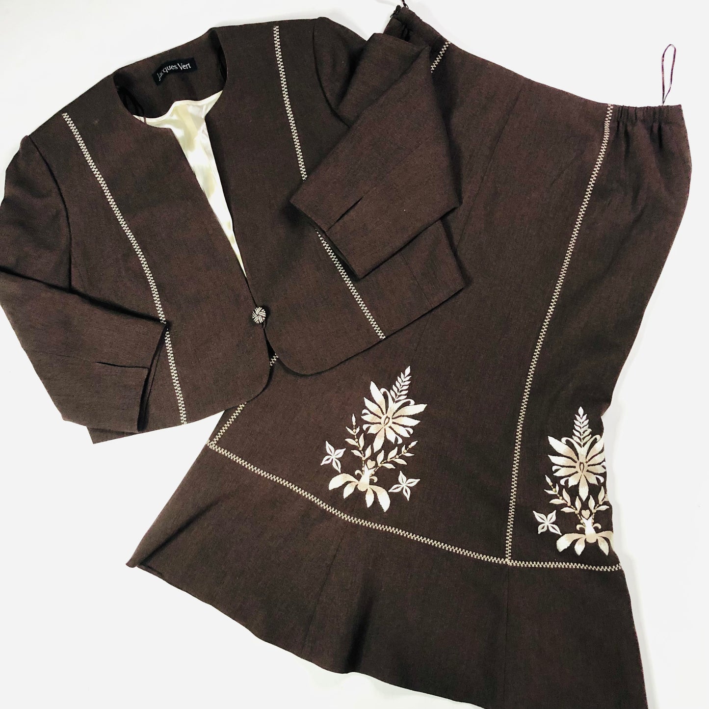 Jacques Vert Chocolate Brown Two Piece Ladies Suit Midi Skirt & Jacket Size 16