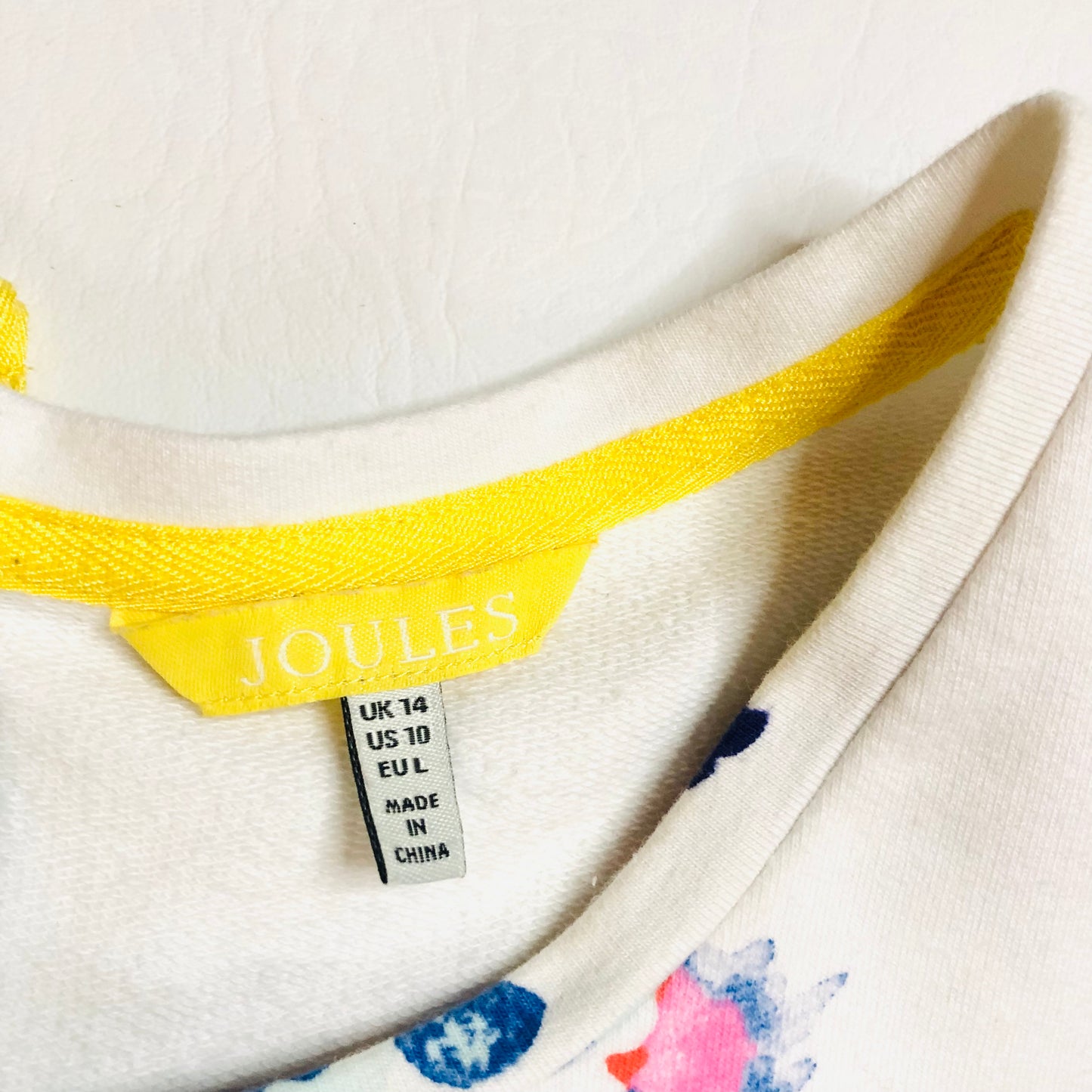 Joules Clemence Cotton White Casual Sweatshirt With Blue Floral Bloom Size 14