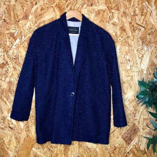 River Island Indie Dark Navy Blue Boucle Retro Skinny Lapel Long Jacket Size 6