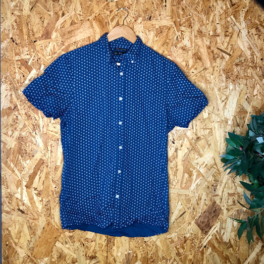 F&F Blue Short Sleeve Shirt with White Floral/Star Pattern - 100% Cotton, Size Small