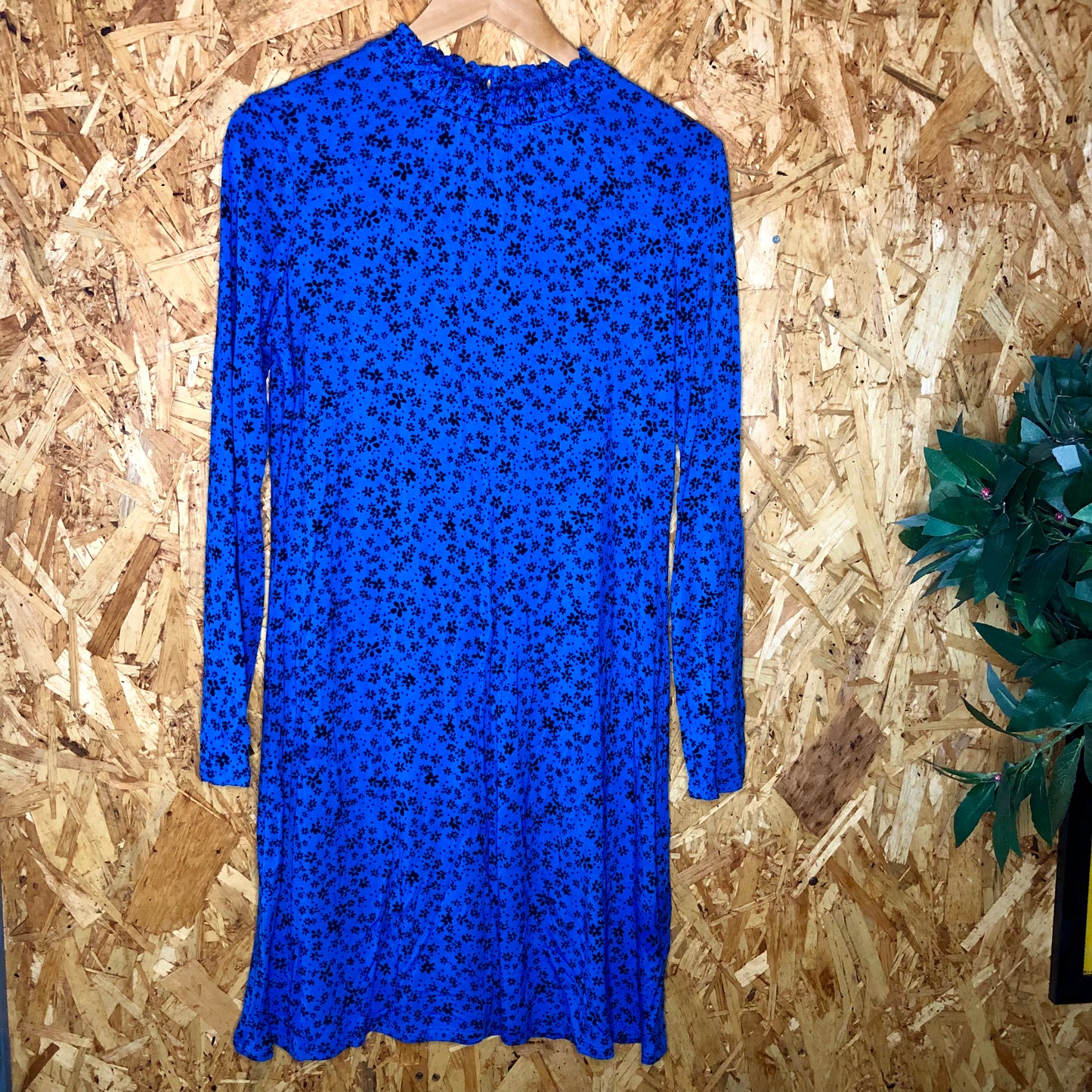M&S High-Necked Blue Floral Shift Midi Dress Stretch Viscose Size 12