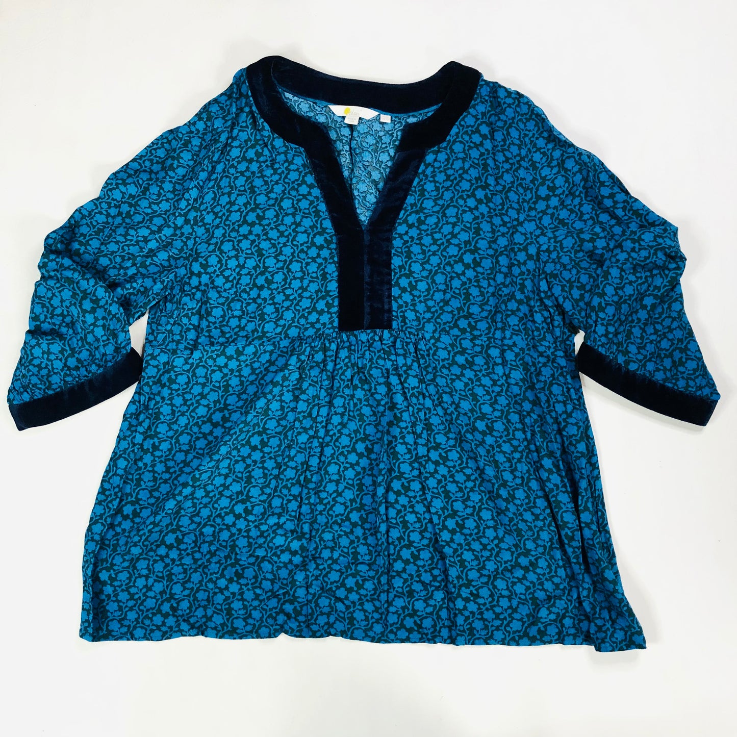 Boden Teal & Black Annabelle Velvet Trim Top 3/4 Sleeves Size UK 16