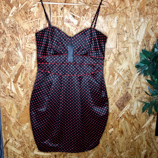 Teatro Rockabilly 50s Wiggle Dress Silky Black Red Polka Dot Prom Cruise 14 NEW