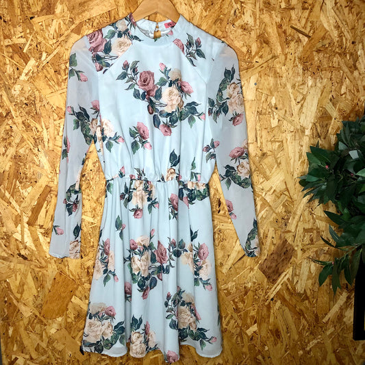 Chi Chi London Floral Long Sleeve Mini Dress Pale Green Pink Roses UK 10
